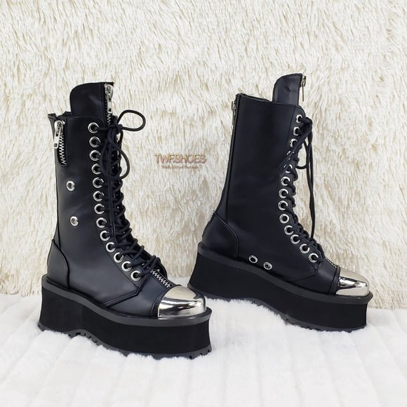 Gravedigger Unisex Chrome Toe Cap Platform Combat Goth Punk Boots main image 5